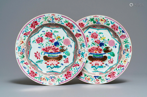 A pair of Chinese famille rose chargers with fl…