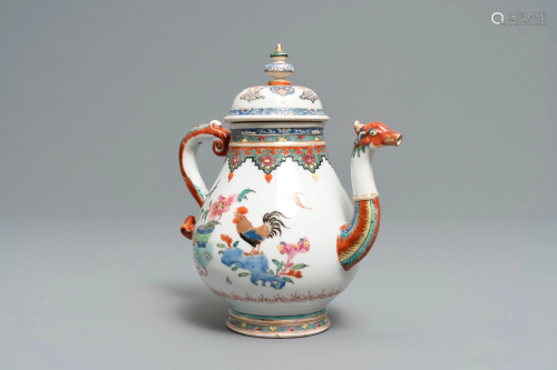 A Chinese famille rose teapot with phoenix-shaped
