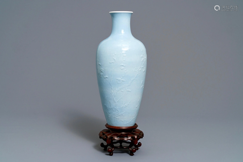 A Chinese monochrome lavender-blue vase with unde…