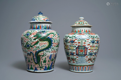Two Chinese wucai vases and covers, Transitional…