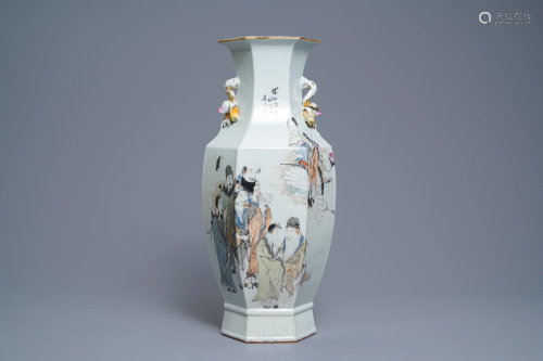 A Chinese hexagonal qianjiang cai 'immortals' vase,