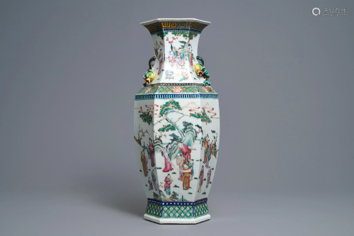 A Chinese hexagonal famille rose 'scholars' vase, 1…