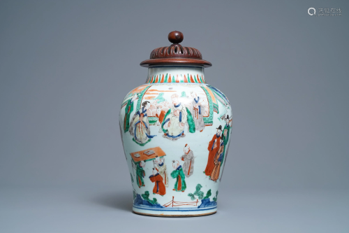 A Chinese wucai vase with wooden cover, Transitional