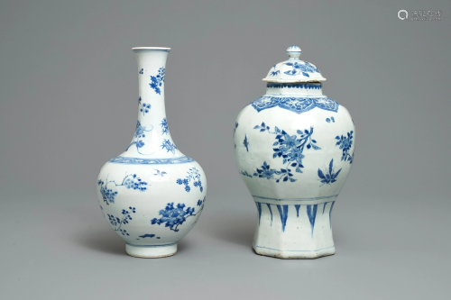 Two Chinese blue and white vases with floral design,