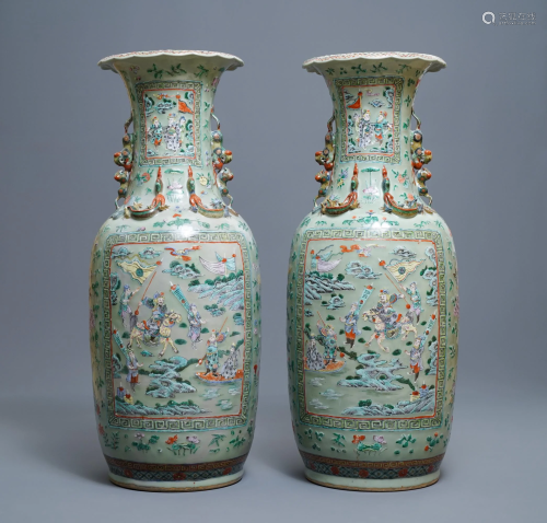 A pair of large Chinese famille verte celadon-ground