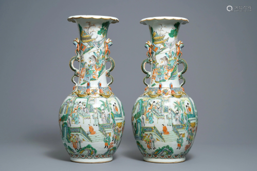 A pair of Chinese Canton famille verte vases with