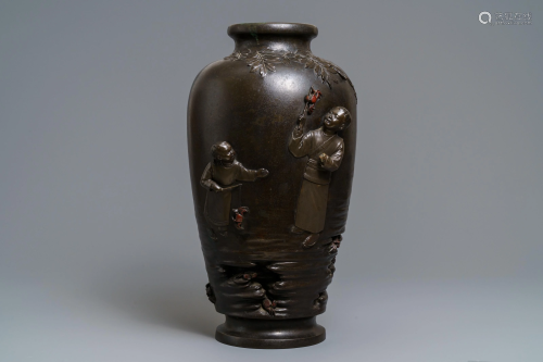 A large Japanese bronze vase with crab-fishing