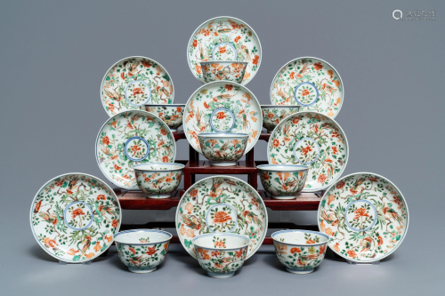Nine Chinese famille verte cups and saucers with …