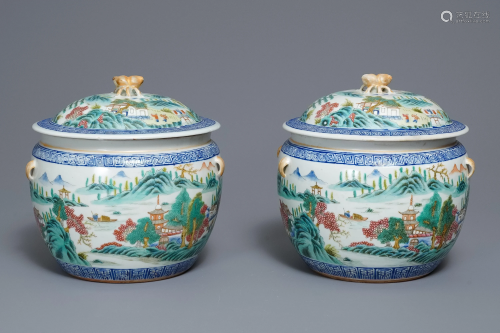A pair of Chinese famille rose bowls and covers…