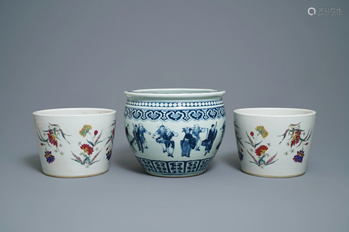 Three Chinese famille rose & blue jardinières, 19th C.