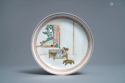 A Chinese fencai dish with a seated scholar,