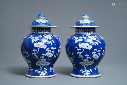 A pair of Chinese blue and white 'prunus on cracked