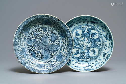 Two Chinese blue and white dishes with a peacock …