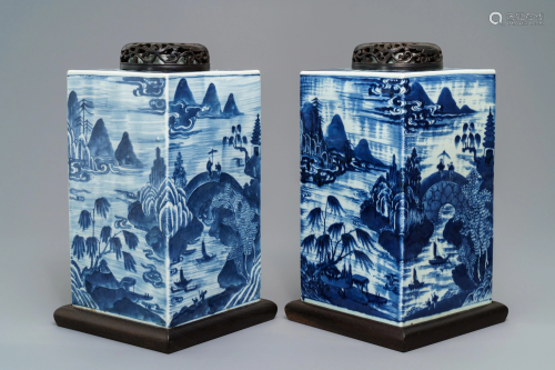 A pair of tall Chinese blue and white tea caddies …