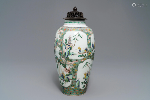 A Chinese famille verte vase with landscape medallio…