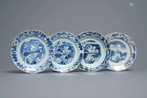 Four Chinese blue and white kraak porcelain 'deer'