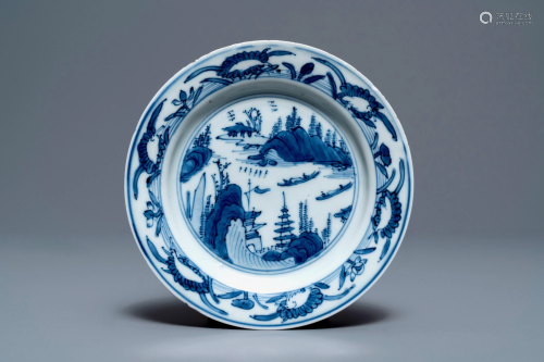A fine Chinese blue and white landscape saucer dish,