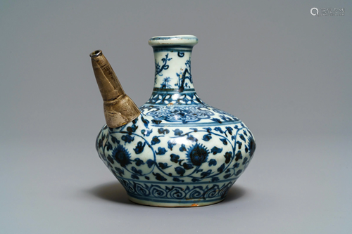 A Chinese blue and white silver-mounted kendi, …