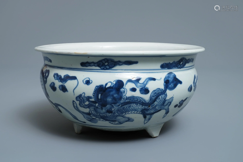 A large Chinese blue and white tripod censer, Ming