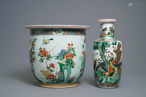 A Chinese famille verte jardinière and a rouleau vase