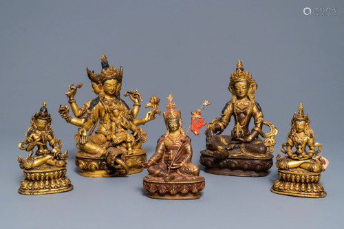 Five Sino-Tibetan gilt bronze Buddha figures, 19/2…