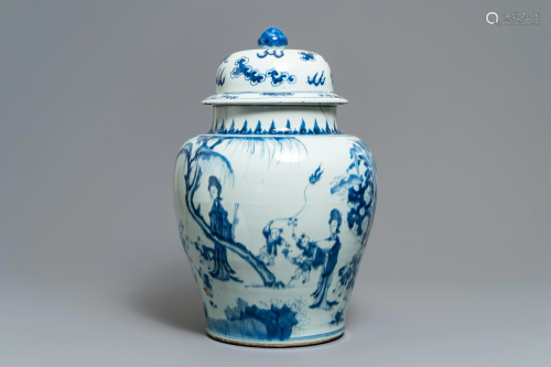 A Chinese blue and white vase with figures in a …