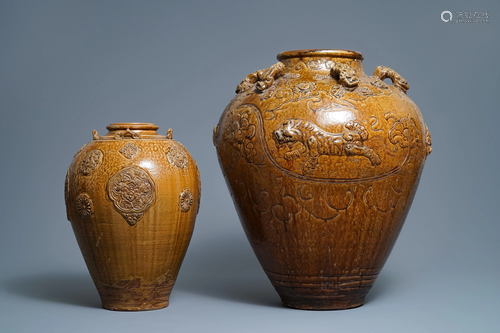 Two Chinese brown-glazed martaban jars with a…