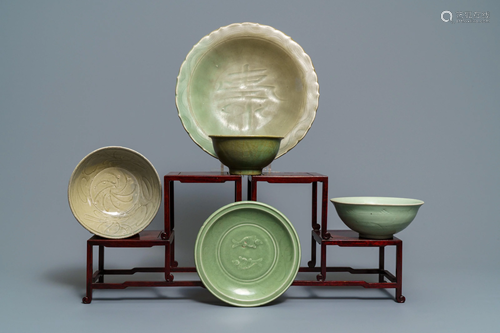 Two Chinese Longquan celadon dishes and three bo…