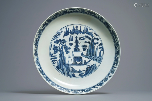 A massive Chinese blue and white landscape charger,