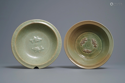 Two Chinese Longquan celadon plates with applied f…