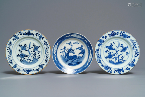 Three Chinese blue and white plates with Johanneum