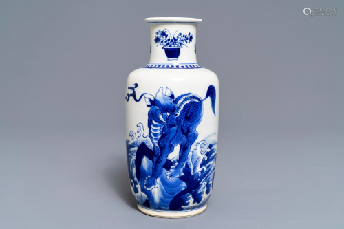 A Chinese blue and white rouleau vase with qilins,