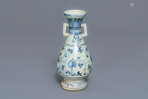 A Chinese blue and white 'lotus scroll' vase, Yuan