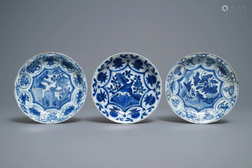 Three Chinese blue and white kraak porcelain plates