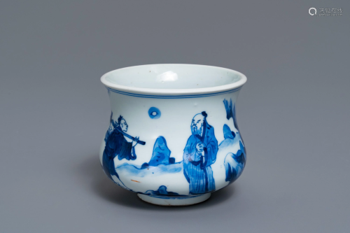 A Chinese blue and white censer with figures in a
