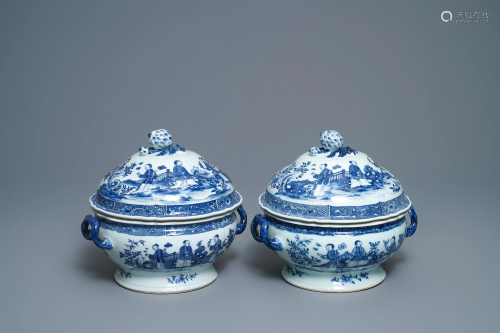 A pair of Chinese blue and white tureens with ladie…