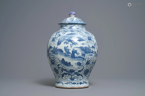 A Chinese blue and white vase and cover with fi…