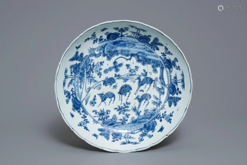 A Chinese blue and white charger with deer, bir…