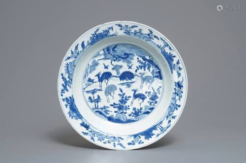 A Chinese blue and white charger with deer, bir…