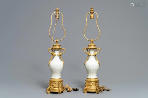 A pair of Chinese gilt bronze-mounted crackle-glazed