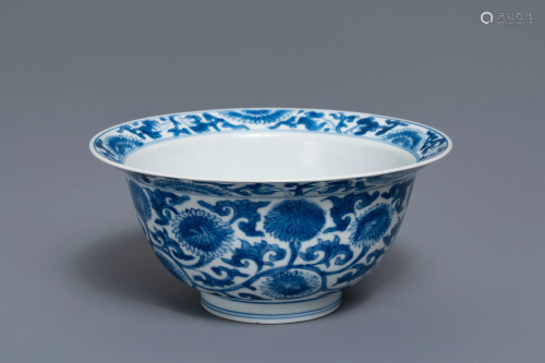 A Chinese blue and white bowl with floral scrolls,