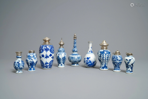 Nine Chinese blue and white silver-mounted vases,