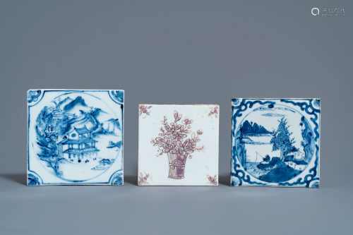 Three Chinese blue and white and purple tiles,