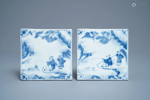 A pair of Chinese blue and white 'fishermen' tiles,
