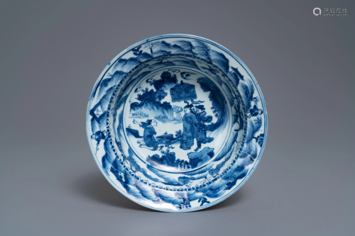A Chinese blue and white basin with figures in a
