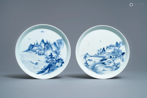 Two Chinese blue and white 'river landscape' dishes,