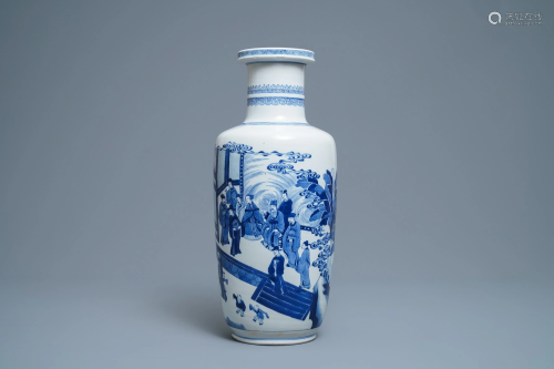 A Chinese blue and white rouleau vase with a c…