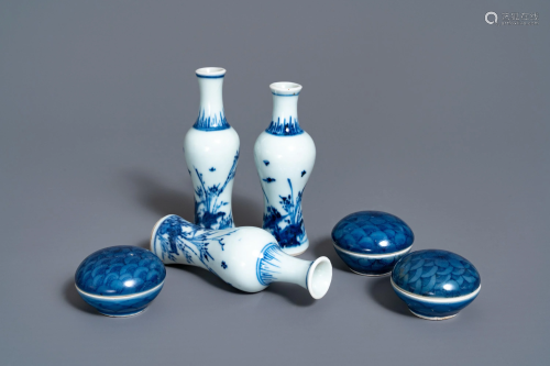 Three Chinese blue and white vases and three covered