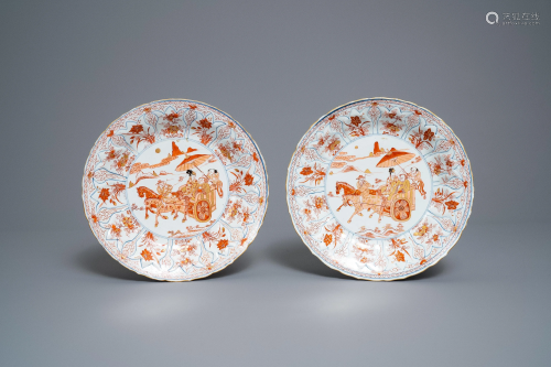 A pair of Chinese 'milk and blood' plates with a horse