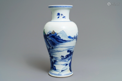 A Chinese blue and white 'river landscape' baluster